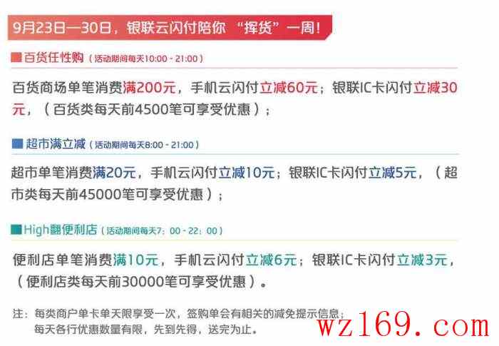9.23-9.30浙江银联活动：超市20-10、20-5；百货商场200-60、200-30