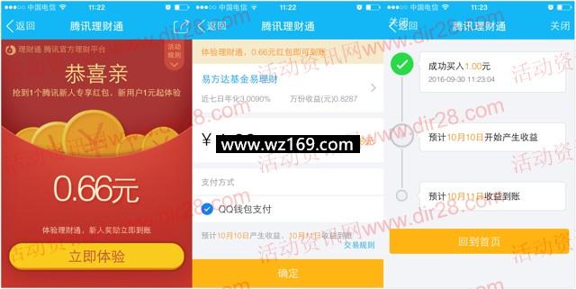 手机QQ端新一期100%送0.66元理财通红包 买入活期基金可提现
