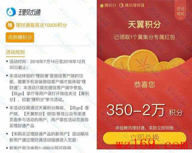 购买理财通领350~2万电信积分