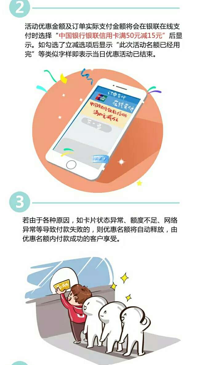 中国银行xing/用卡，每周两次机会，购火车票满50元减15元！