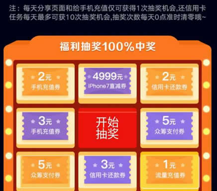 京东金融 福利抽奖100%充值还款支付券