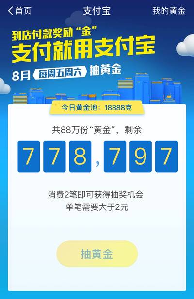支付宝抽黄金，在线支付立减5元！