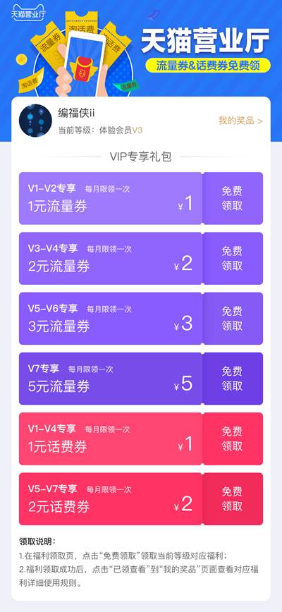 2-10元话费券和30M-1G流量！