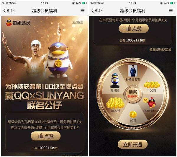 为孙杨第100块金牌点赞 抽Q币 QQ会员及实物奖励