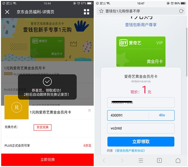 京东会员1元1个月爱奇艺_7天爱奇艺会员CDK_代金券等