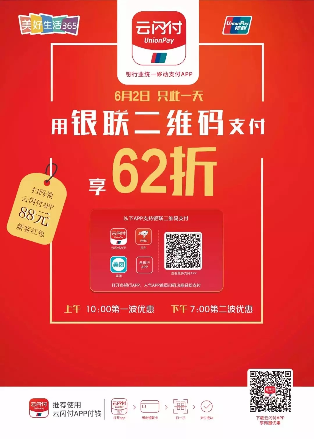 银联20万商户 6月2日62折 最低减50元