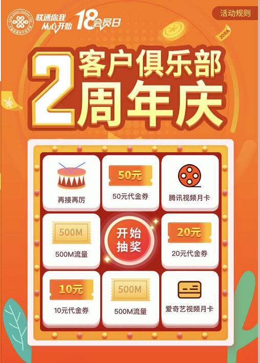 联通客户俱乐部2周年庆抽奖送500M联通流量 活动线报 第3张