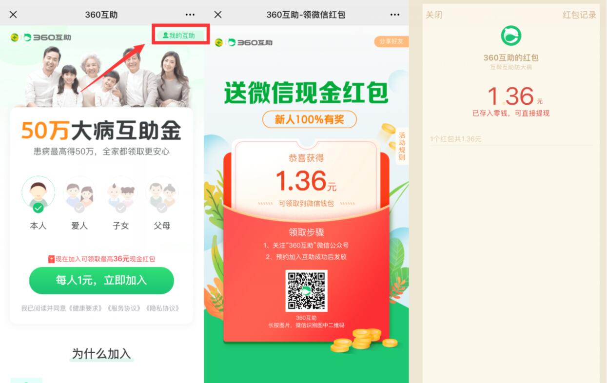 支付1元加入360互助亲测赚0.36微信红包 活动线报 第2张