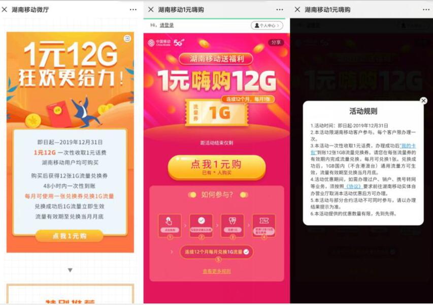 湖南移动1元购12G狂欢更给力，分12个月到账 免费流量 活动线报  第3张