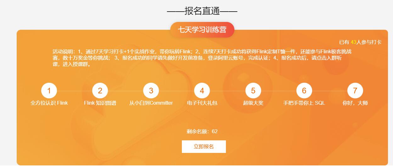 阿里云连续7天打卡成功将获得Flink定制T恤一件