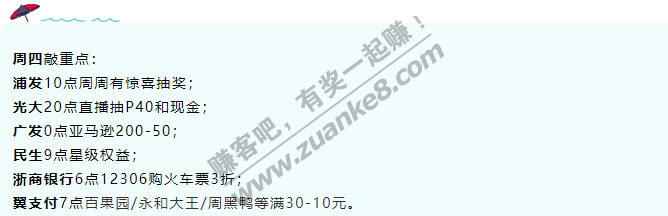11月26日周四银行活动汇总，敲重点！浦发10点周周有惊喜抽奖；广发0点亚马逊200-50；