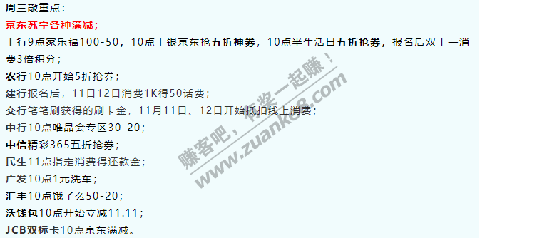 双十一大促，银行活动汇总，敲重点！工行9点家乐福100-50，10点工银京东抢五折神券