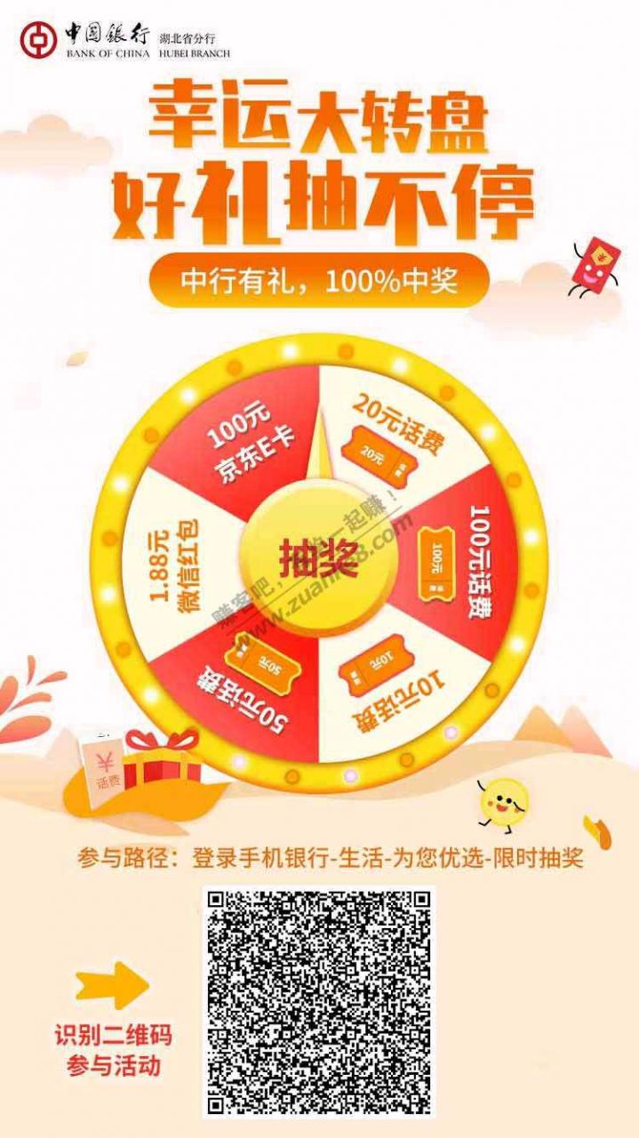 中行（限湖北分行）随机抽奖，至少1元毛，看手气