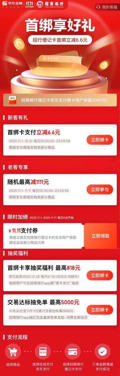 招商银行 X 京东 11月借记卡专享优惠 随机立减最高1111元/11.11支付券/免单，最高5000元