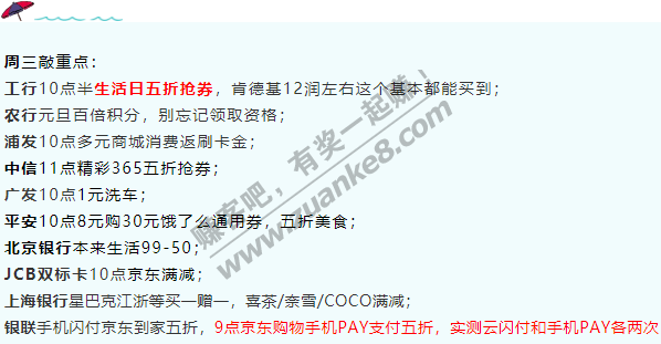 12月30日周三，银行活动汇总，值得抢敲重点！工行10点半生活日五折抢券等