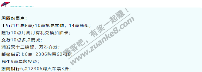 12月10日周四，银行活动汇总，敲重点！工行月月刷8点/10点抢兑实物，14点抽奖；