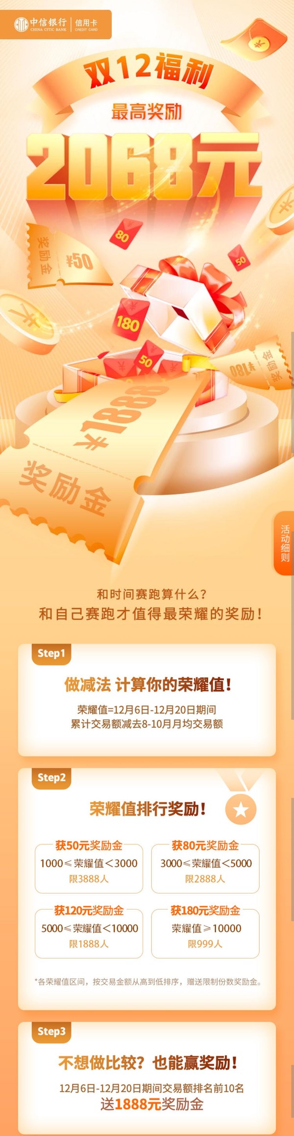 中信银行 双十二消费达标福利 50-2068元刷卡金