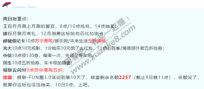1月10号周日，银行活动汇总，值得抢敲重点有了！提醒：快银联FUN圈注意转盘名额
