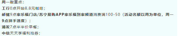 1月25号周一，银行活动敲重点，邮储9点拼手速家乐福门店/苏宁APP家乐福100-50满减