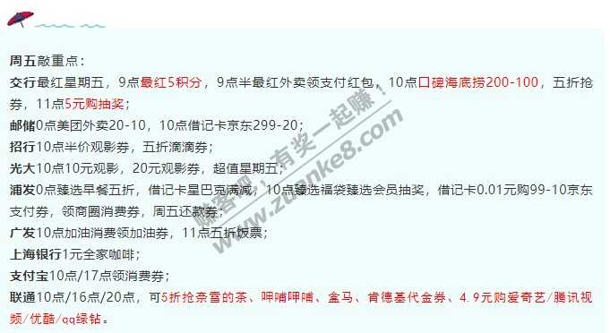 1月29号周五，银行活动敲重点！交行10点口碑海底捞200-100满减，11点5元购抽奖