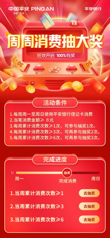 平安银行 周周消费抽大奖 10-1000元话费、50-1000金币、iPhone11手机
