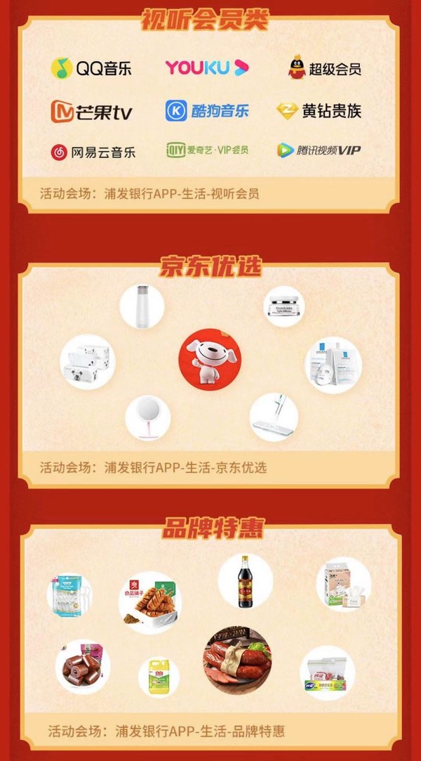 浦发银行  视听会员/京东优选/品牌特惠