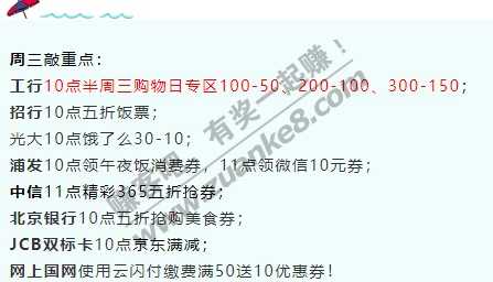 2月10号周三，银行活动敲重点！浦发10点领午夜饭消费券，11点领微信10元券；工行满减