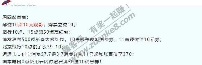 2月11号周四，银行活动敲重点！邮储10点10元观影；招行10点/15点抢领50饭票红包