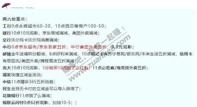 2月6号周六，银行活动敲重点！工行永辉60-30，邮储金牛送福积分翻倍，浦发快捷立减金