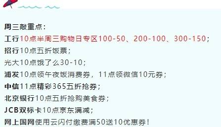 2月10号周三，银行活动敲重点！浦发10点领午夜饭消费券，11点领微信10元券；工行满减