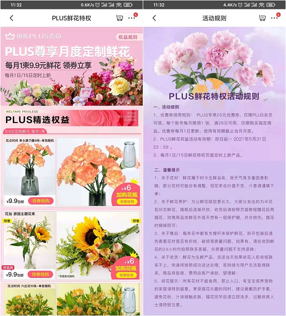 京东PLUS领鲜花特权_9.9元购买8枝康乃馨